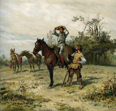 Don Quijote rider på Rossinante, bär sin hjälm, Sancho Panza bär sitt spjut av Ricardo Balaca