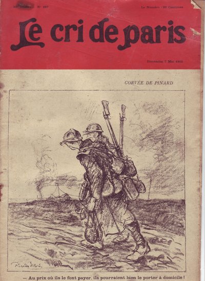 Illustration av Ricardo Flores (1878-1918) för omslaget till Le Cri de Paris, 07/05/16 - Corvee de pinard "" Till priset eller de tar ut det, kan de mycket väl bära det hemma! "" - War of 14 -18, vin, soldatliv, matsal rullande soppa, leverans - soldater av Ricardo Flores