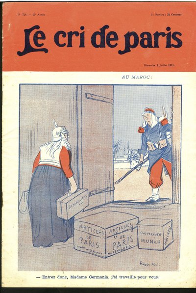 Illustration av Ricardo Flores (1878-1918) för omslaget till Le Cri de Paris, 09/07/11 - "" Gå in så kära fru, jag har arbetat för dig." - Tyskland Preussen, Marocko, Maghreb - Germania av Ricardo Flores