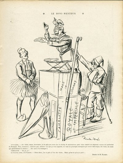 Illustration av Ricardo Flores (1878-1918) i Le Lire, 20/09/13 - Lögnaren - Tyskland Preussen, Turkiet, kriget 14-18 första mössen - William II av Ricardo Flores