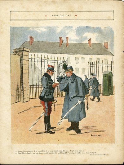Illustration av Ricardo Flores (1878-1918) i Le Lire, 23/04/10 - Förklaring - Armee, baracker av Ricardo Flores