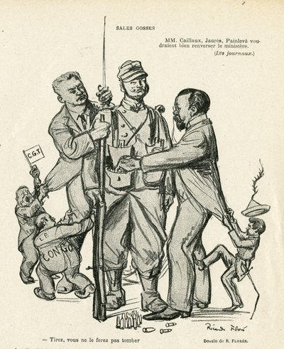 Illustration av Ricardo Flores (1878-1918) i Le Rire, 21/06/13 - Sales kidses - Armee, militärtjänst, socialism - Jaures Jean, Caillaux Joseph (1863-1944), Painleve Paul (1863-1933) av Ricardo Flores