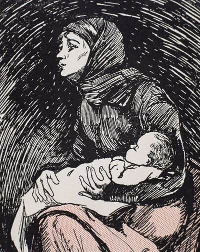 Julafton. 1900. En mager kvinna med sitt barn i famnen (gravyr) av Ricardo Maria Navarrete