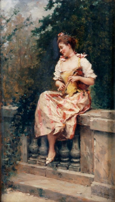 Flicka med flöjt, ca 1895 (olja på pannå) av Ricardo de Madrazo y Garreta