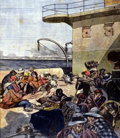 Italiensk emigration till Kanada; resan ombord på Lake Megantic gjordes under ganska svåra förhållanden. Ill. av R. Pellegrini. La Domenica del corriere. 02/06/1901. av Riccardo Pellegrini