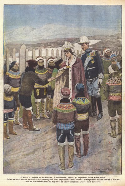 Kungen och drottningen av Danmark, Alexandrine, till de grönländska eskimåerna (färg litho) av Riccardo Salvadori