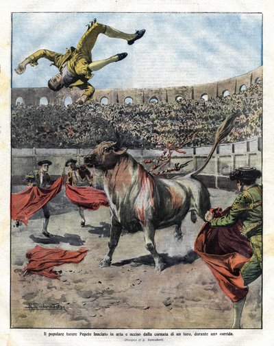Torero JOSE CLARO PEPETE avlider i Murcia den 7 september 1910. Illustration av Salvadori för Domenica del Corriere den 18 september av Riccardo Salvadori