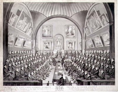 Lord Mayor, Aldermen and Common Council i Council Chamber Guildhall, London, graverad av Thomas Sutherland (f.c.1785) publicerad 1825 (lito) av Richard (after) Dighton