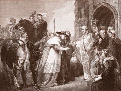 Kardinal Wolsey vid Leicester Abbey, graverad av R. Walther (litho) av Richard (after) Westall