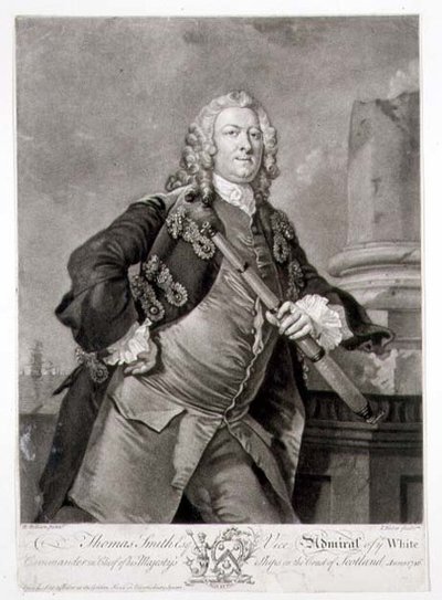Porträtt av amiral Thomas Smith (d.1762) Viceamiral av den vita, graverad av John Faber (1684-1756) 1746 (gravyr) av Richard (after) Wilson