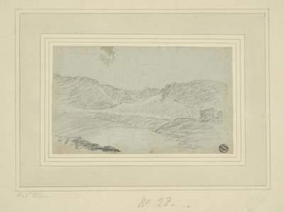 Kuperat landskap (kol på blått papper, lagt på krämigt papper (2 lager)) av Richard (attr.to) Wilson