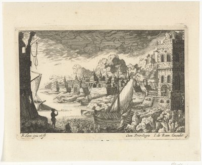 Stadsbild med fiskehamn och förtöjningsbåt Stadslandskap och hamnar (serietitel) av Richard Adam