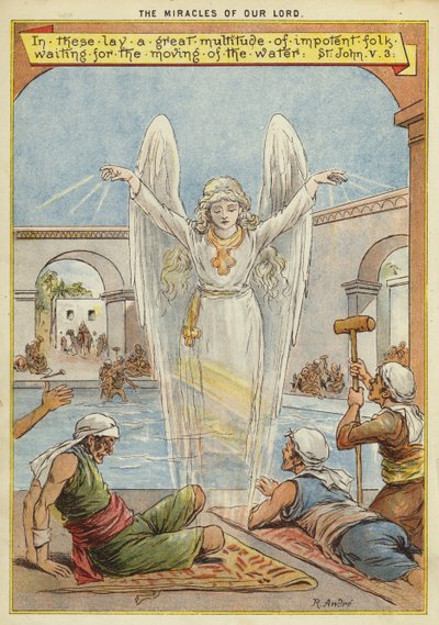 Kristi mirakel: sjuka människor som väntar på att vattnet ska flyttas av en ängel (chromolitho) av Richard Andre