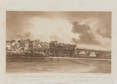 På stranden av Marne nedanför bron vid Charenton 1803; Skylt 19 från Views in Paris, Emanuel Volume-spårningen av plattan B1981.25.2628 av Richard Banks Harraden