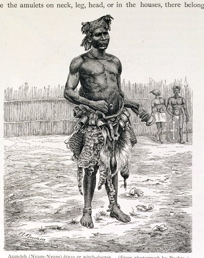 Azandeh (Nyam-Nyam) Binsa eller Witch Doctor, graverad av Jahrmargt, från "The History of Mankind" av Prof. Friedrich Ratzel, pub. 1904 (gravyr) av Richard Buchta