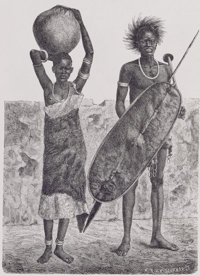 Shillook-krigare och flicka, graverad av Jahrmargt, ur "The History of Mankind", Vol.III, av professor Friedrich Ratzel, 1898. av Richard Buchta
