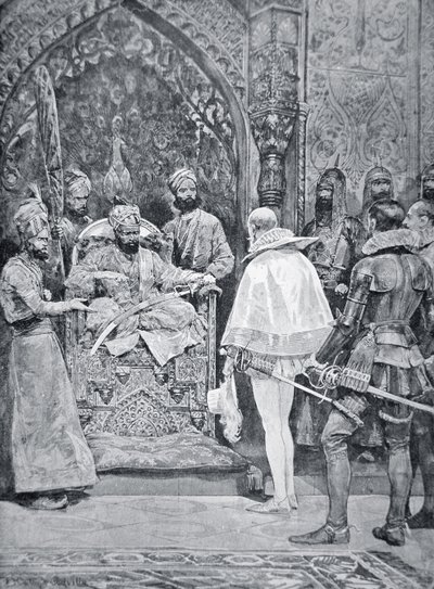 Akbar den store tar emot drottning Elizabeths ambassadör 1599 (litho) av Richard Caton (after) Woodville