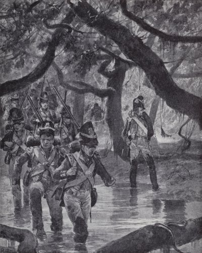 Brittiska soldater som korsar träsken vid floden Essequibo i Brittiska Guyana av Richard Caton II (after) Woodville