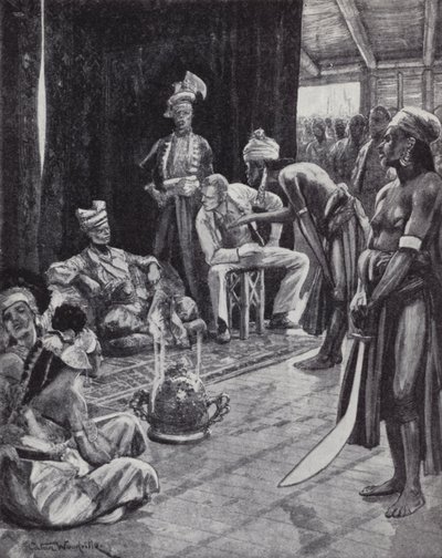 Sir James Brooke förhandlar fram ett avtal med sultanen av Brunei för att etablera en brittisk koloni på Borneo av Richard Caton II (after) Woodville