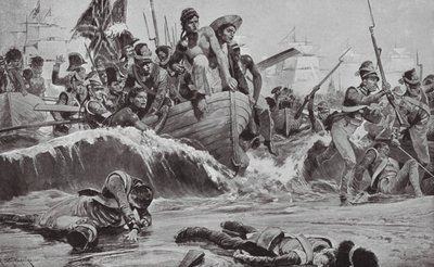 De brittiska trupperna tvingar fram en landstigning i Aboukir Bay inför de franska batterierna (litografi) av Richard Caton II (after) Woodville