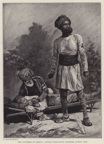 Farorna med barmhärtighet, indiska ambulansbärare under eld (litho) av Richard Caton II (after) Woodville