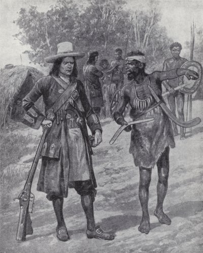 William Dampier med en urbefolkning under hans utforskning av Australien, sent 1600-tal (litho) av Richard Caton II (after) Woodville