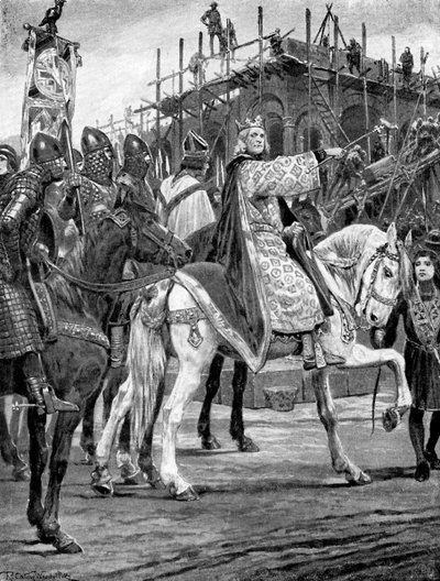 Edward the Confessor tittar på byggnaden av Westminster Abbey, c1050, c1920. av Richard Caton II Woodville