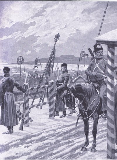 En kosackstation i Manchuriet med stamskyltar över männens hyddor, illustration från Cassells History of the Russian-Japanese War Vol 1, c.1900 av Richard Caton Woodville