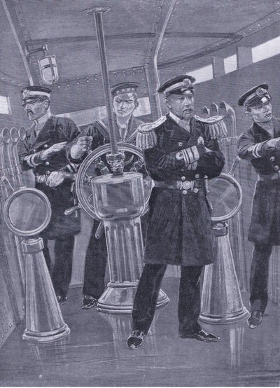 Amiral Togo i Conning Tower på sitt flaggskepp, regisserar en sjöaktion, illustration från Cassells History of the Russian-Japanese War Vol 1, c.1900 av Richard Caton Woodville