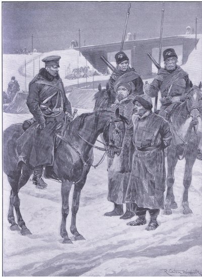 Gripande av japanska spioner upptäckta som kulier, illustration från Cassells History of the Russian-Japanese War Vol 1, c.1900 av Richard Caton Woodville