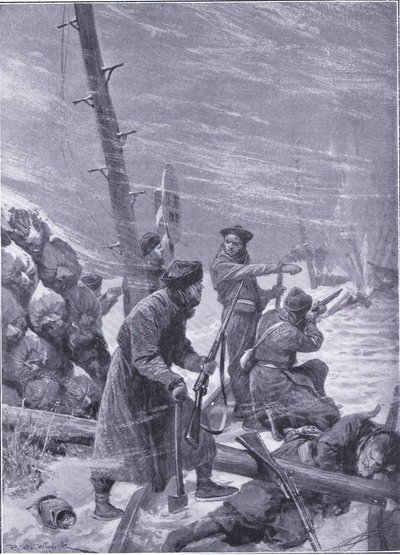 Attack on the railway av Chunchuses, illustration från Cassells History of the Russian-Japanese War Vol 1, c.1900 av Richard Caton Woodville