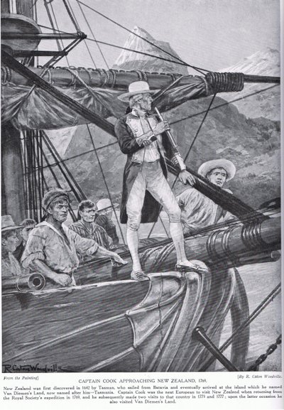 Kapten Cook närmar sig Nya Zeeland, illustration från 