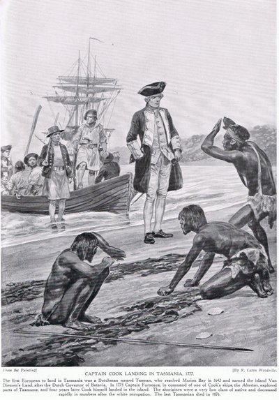 Kapten Cook landar i Tasmanien, 1777, illustration från 