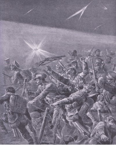 Fångad i taggtrådsförvecklingar: Nattattack av brittiskt infanteri, från History of the Great War Vol 3 publicerad av Waverley Book Co Limited, ca 1920 av Richard Caton Woodville