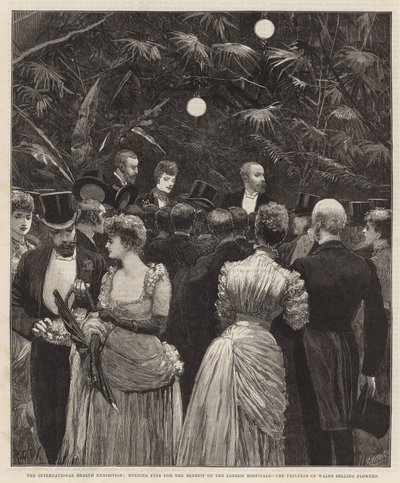 Kvällsfest till förmån för London Hospitals - prinsessan av Wales som säljer blommor av Richard Caton Woodville