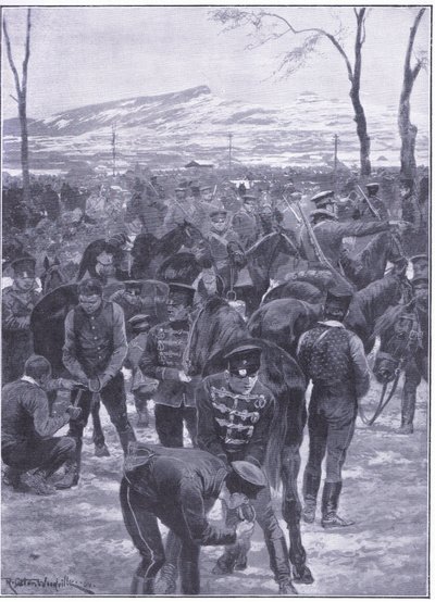 Japanskt kavalleriläger i Seoul: Hovslagare på jobbet, illustration från Cassells History of the Russian-Japanese War Vol 1, c.1900 av Richard Caton Woodville