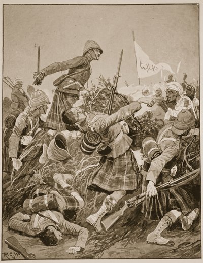 Seaforth Highlanders stormar zareba vid slaget vid Atbara, illustration från "Battles of the Nineteenth Century" Vol. V: Nittiotalets kampanjer, av A. Hilliard Atteridge av Richard Caton Woodville
