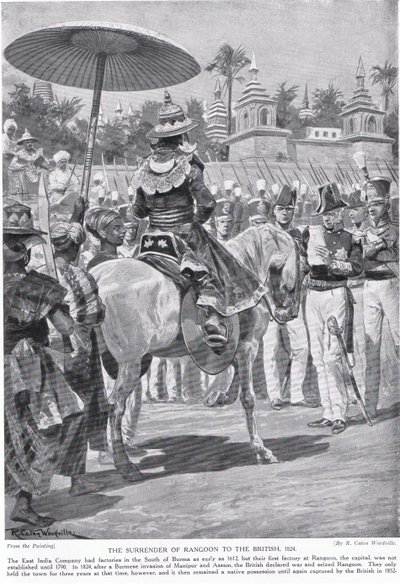Rangoon överlämnas till britterna 1824, illustration från "Hutchinson