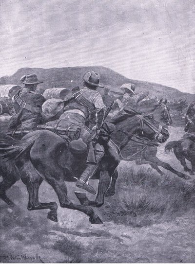 Yeomanry attackerar De Wets rearguard och transport, från After Pretoria: The Guerilla War publicerad av Harmsworth Bros Limited, 1901 av Richard Caton Woodville