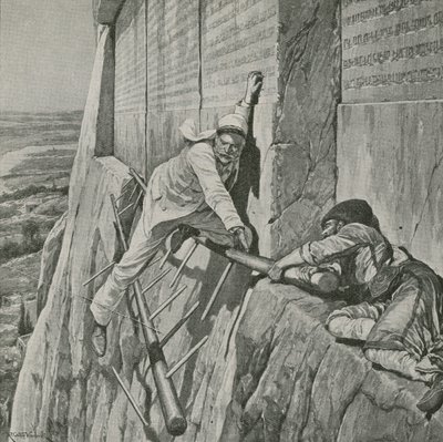 Sir Henry Rawlinson undkom med nöd och näppe vid Behistunklippan av Richard Caton Woodville junior