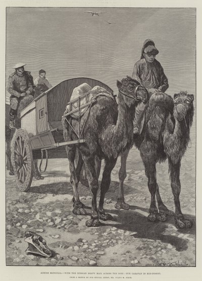 Genom Mongoliet, med den ryska tunga posten över Gobi, vår karavan mitt i öknen. av Richard Caton Woodville junior