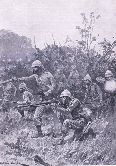 De brittiska styrkornas frammarsch i Ashanti-kampanjen 1873, illustration från brittiska striderna på land och hav, 1915 av Richard Caton Woodville junior