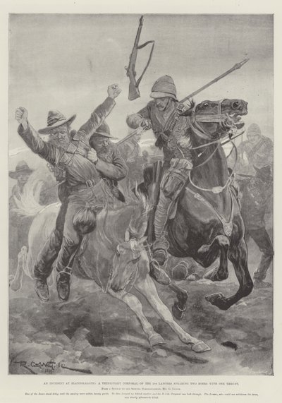 En incident vid Elandslaagte, en veterinärkorpral från 5:e Lancers som spjuts av två boer med en kraft av Richard Caton Woodville junior