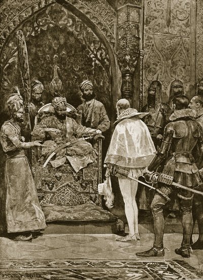 En tidig engelsk ambassad till Indien, 1599, illustration från 