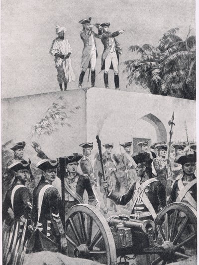 Slaget vid Plassey, 23 juni 1757: Clive på taket av Nawab Surat-ud-Daulahs jaktstuga, illustration från British Battles on Land and Sea, 1915 av Richard Caton Woodville junior