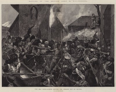 Slag i den brittiska armén, Corunna, 42nd Highlanders som driver ut fransmännen från Elvina av Richard Caton Woodville junior