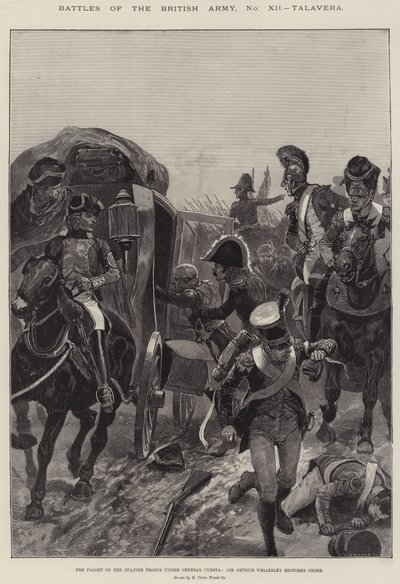 Slaget om den brittiska armén, Talavera, de spanska truppernas flykt under general Cuesta, Sir Arthur Wellesley återställer ordningen av Richard Caton Woodville junior