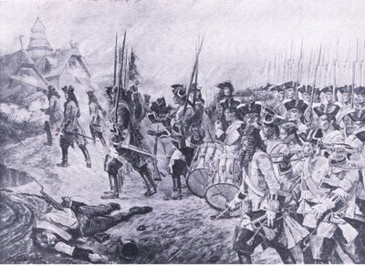 Blenheim, 13 augusti 1704: Storming av byn, illustration från brittiska striderna på land och hav, 1915 av Richard Caton Woodville junior