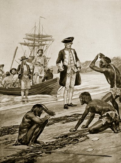 Kapten Cook landar i Tasmanien, 1777, illustration från 
