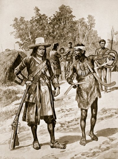 Dampier undersöker en bumerang i Australien, illustration från "Hutchinson